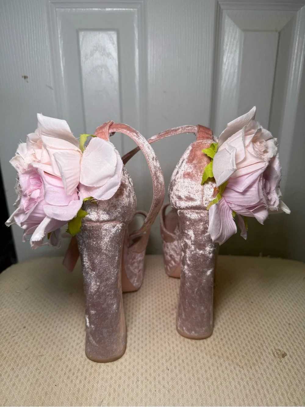SUGAR THRILLZ Pink Velvet Floral Platform Heels with Ankle Strap